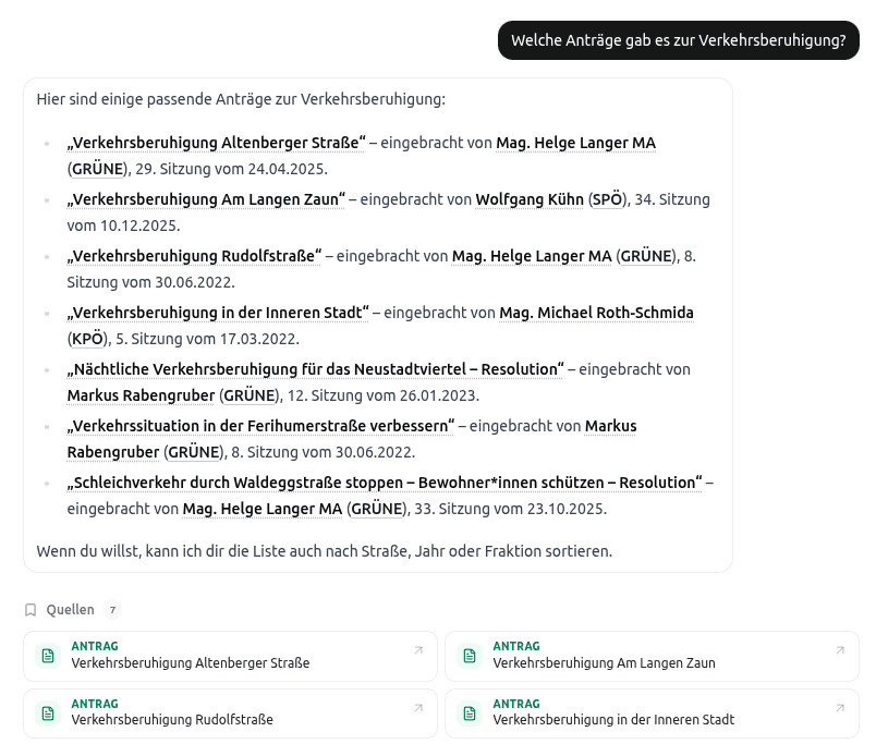 Beispielhafte Chat-Antwort zur Suche nach Anträgen zur Verkehrsberuhigung in Linz